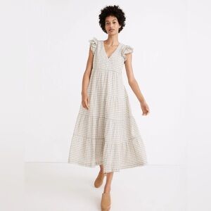 Madewell Gingham Seersucker Ruffle-Sleeve Tiered Midi Dress